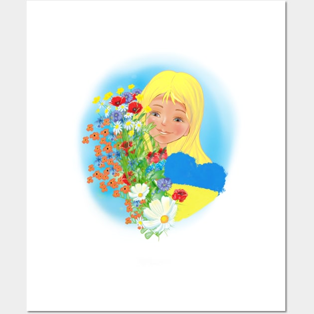 Ukrainian girl in a wreath with a heart in the colors of the flag of Ukraine. Peace to Ukraine Wall Art by sonaart